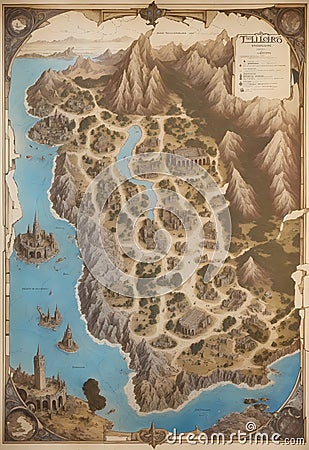 Ultra detailed antique map with characters and objects from Rolling Player Game (RPG) Stock Photo