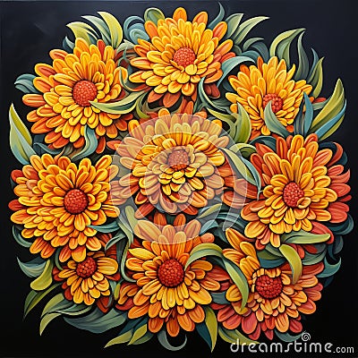 Ultra Detailed Cubism Pastel: Orange Flowers On Black Stock Photo