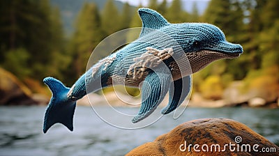 Ultra Detailed Knitted Dolphin On Rock In Lake Stock Photo