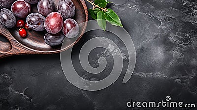 Ultra-detailed Top View Of Plum On Dark Stone In Wooden Dish Stock Photo