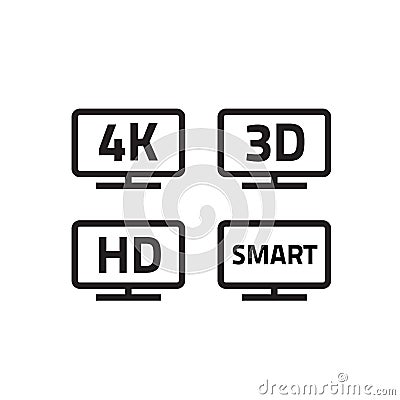 Ultra hd 4k smart tv format television icons, 3d video Vector Illustration