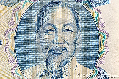 Ultra macro shot of Ho Chi Minh portrait from Vietnamese money banknote Stock Photo