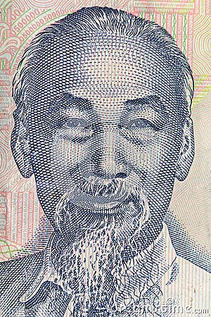 Ultra macro shot of Ho Chi Minh portrait from Vietnamese money banknote Stock Photo