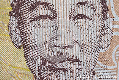 Ultra macro shot of Ho Chi Minh portrait from Vietnamese money banknote Stock Photo