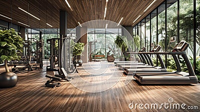 Ultra-Modern Gym Room With Eco-Friendly Architecture With Plants. Advanced Sport Equipment For Future Of Gym. Generative AI Stock Photo