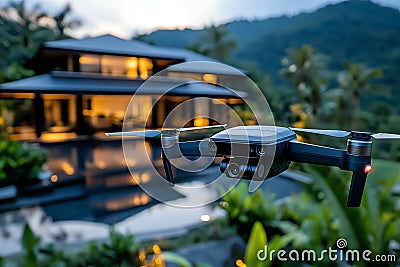 An ultra-modern home equipped with an AI-driven security drone that hovers silently above the property, using advanced sensors to Stock Photo