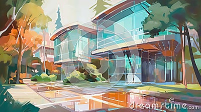 Ultra Modern Japanese suburban home architectural illustration. Generative AI Cartoon Illustration