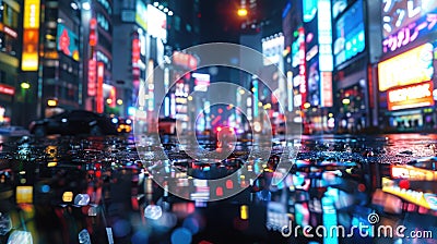Ultra-modern metropolis in 3D showcases neon illumination, holographic signs, casting reflections on glistening roadways Stock Photo