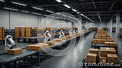 An ultra-modern robotic distribution center for mail and parcels, robots sorting and distribution tasks on conveyor Stock Photo