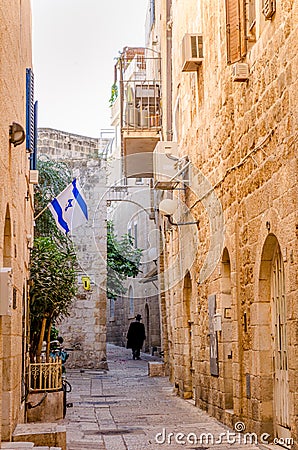 Ultra Orthodox Jewish man walking in Jewish Quarter of Jerusalem, Israel Editorial Stock Photo