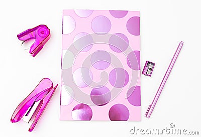 Ultra purple stationery on a white background. Flat lay Stock Photo