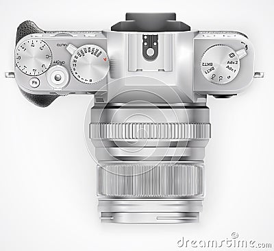 Ultra realistic 3d SLR retro style photo camera. With leather part. Top view on white background. Vector Vector Illustration