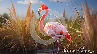 Realistic Pink Flamingo Standing In Tall Grass Photorealistic Rendering Stock Photo