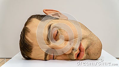 Ultra realistic giant head by Ron Mueck in San Francisco Museum of Modern Arts Editorial Stock Photo