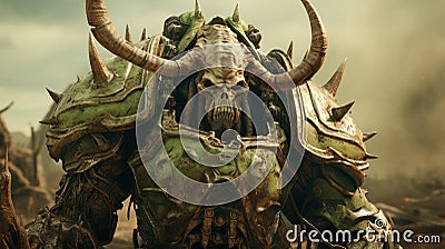 Emotionally Charged Warcraft Armor With Horns In Green And Beige Stock Photo