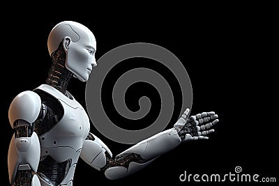 Ultra realistic white robot extends its hand as a greeting. Generative AI Cartoon Illustration