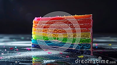 Ultra-sharp image of a perfectly layered rainbow cake slice, texture visible Cartoon Illustration