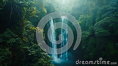 Ultra-sharp image of a pristine waterfall in dense forest, long exposure effect Cartoon Illustration