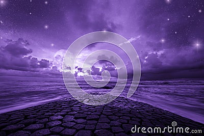 Ultra violet fantasy background, ocean with fantastic night sky, color of the year 2018 Stock Photo