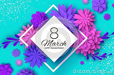 Ultra Violet Pink Paper Cut Flower. 8 March. Womens Day Greetings card. Origami Floral bouquet. Rhombus frame. Text Vector Illustration