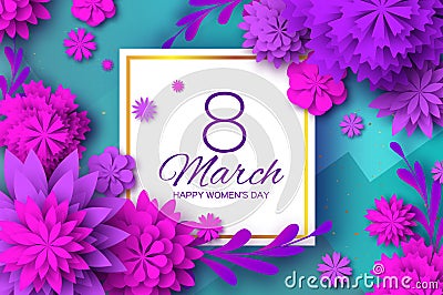 Ultra Violet Pink Paper Cut Flower. 8 March. Womens Day Greetings card. Origami Floral bouquet. Square frame. Text Vector Illustration