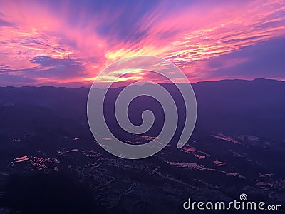 Ultra Violet Sky - Sunset in Yuanyang Rice Terraces Stock Photo