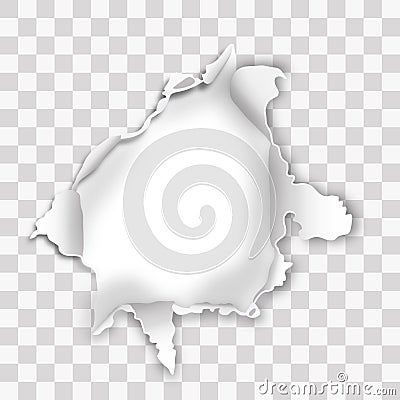 Ultra violet torn paper with ripped edges and rooled up sides, round shaped hole isolated on transparent background Vector Illustration