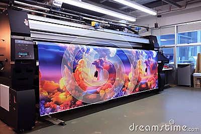 Ultra Wide-format inkjet printer printing machine during production of extreme large print. Generative Ai Stock Photo