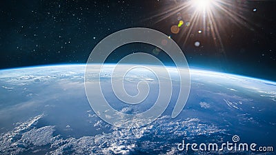 Ultra wide wallpaper of Earth in the outer space. Orbit of planet. Stock Photo