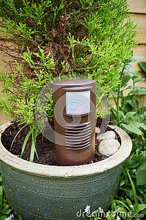 Ultrasonic fox (Vulpes vulpes) deterrent device in garden. Stock Photo