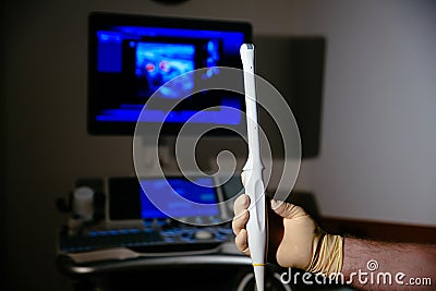 Ultrasonic investigation medical device for diagnostics in doctor hand. Hospital equipment Stock Photo