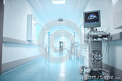 Ultrasonography apparatus in the hospital corridor with scan image on the monitor Stock Photo