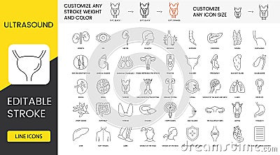 Ultrasound diagnostics in medical clinic set of line icons in vector, intestines and lymph nodes, minimum time and high Stock Photo