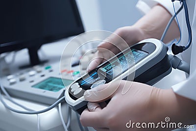 Ultrasound machine in the hands of a doctor, The doctor looks at patient pulse rate monitor closeup, AI Generated Stock Photo