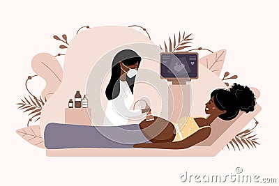 Ultrasound pregnancy screening concept. Female doctor in medical uniform scanning mother. African girl with belly Vector Illustration