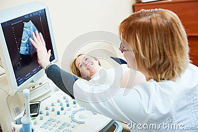 Ultrasound test. Pregnancy. Gynecologist checking fetal life with scanner. Stock Photo