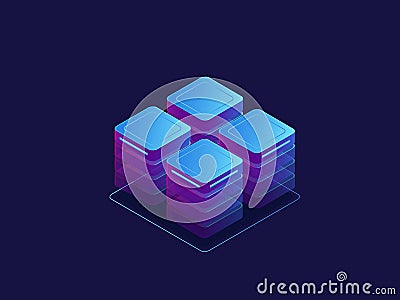 Ultraviolet banner, server room, abstract technology objects, cloud storage, data center isometric vector Vector Illustration