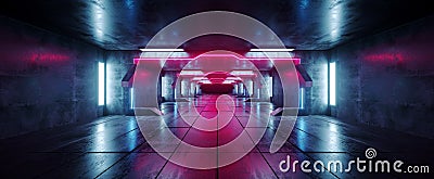 Ultraviolet Blue Purple Futuristic Triangle Alien Spaceship Neon Glowing Dark Long Big Hall Corridor Tunnel Grunge Concrete Stock Photo