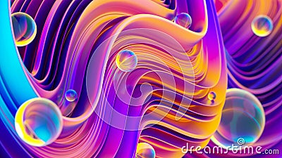 Ultraviolet 3D abstract twisted fluid liquid shapes with sparkling water drops Stock Photo