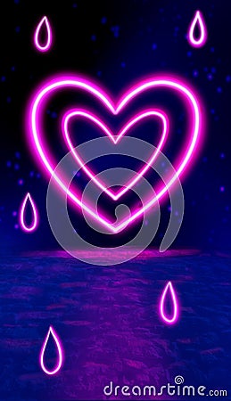 Ultraviolet heart shape, glowing lines, publication in history. A virtual reality. Arcade game background. Purple neon Stock Photo