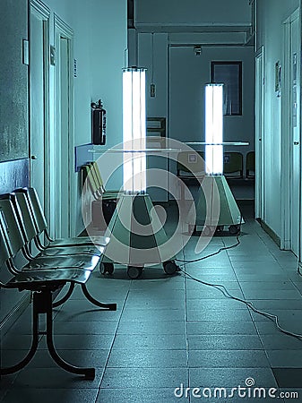 Ultraviolet light disinfection of hospital waiting rooms Stock Photo