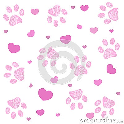 Ultraviolet paw print with hearts background Stock Photo