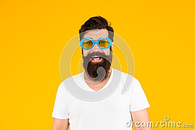 Ultraviolet protection concept. Brave style. Summer on my mind. Man eyewear model. Handsome guy wear sunglasses. Hipster Stock Photo