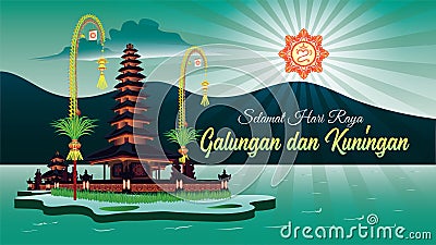 Green Color Ulun Danu Temple, Scenery Of Balinese Hindu Holiday, Greeting Card Selamat Galungan Dan Kuningan Means Happy Galungan Vector Illustration