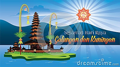 Balinese Hindu Holiday Greeting Selamat Galungan Dan Kuningan Means Happy Galungan And Kuningan With Ulun Danu Temple Scenery Vector Illustration