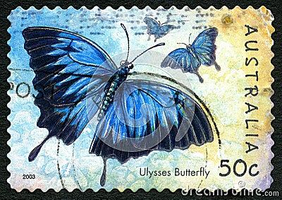 Ulysses Butterfly Australian Postage Stamp Cartoon Illustration