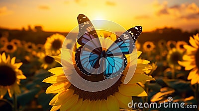 Ulysses Butterfly: A Splendid Visitor Amidst a Sunflower Wonderland Stock Photo