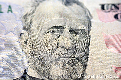 Ulysses S. Grant portrait on the banknote of 50 dollars, fifty American dollars background, selective focus, united states dollars Stock Photo