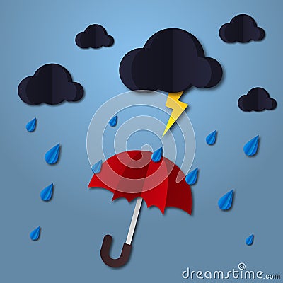 Umbrella in the air with cloud and rain. Paper art style. Projects template for business. Vector art and illustration. Vector Illustration