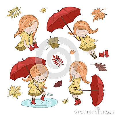 UMBRELLA COLLECTION Autumn Girl Character Vector Illustration Set Stock Photo